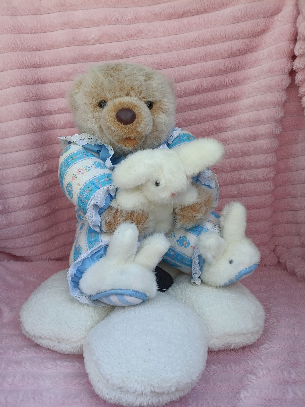Vtg Plush Creations Inc Teddy Bear Blue Pajamas with Bunny Slippers 90's